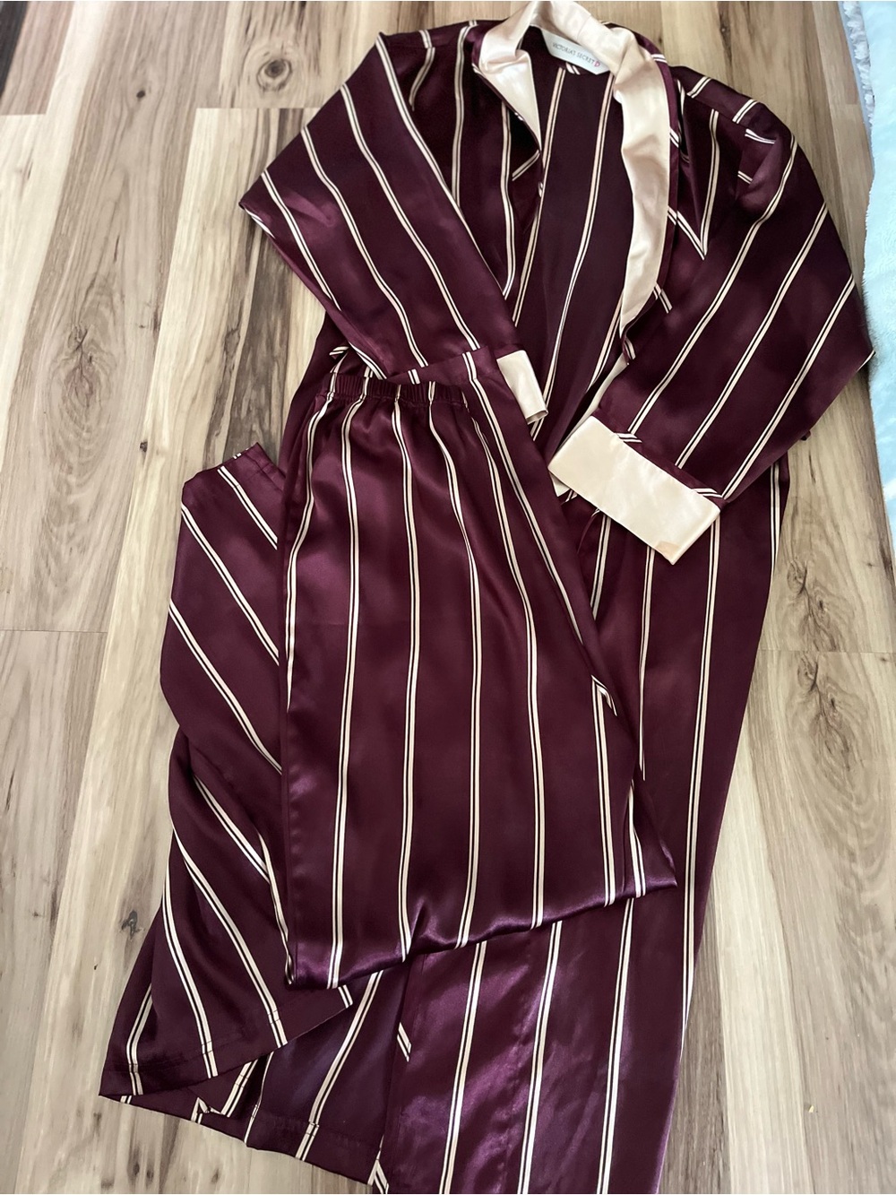 Vtg Victoria”s Secret Silky Striped Robe Maroon With Gold Stripes Pants Xs Long